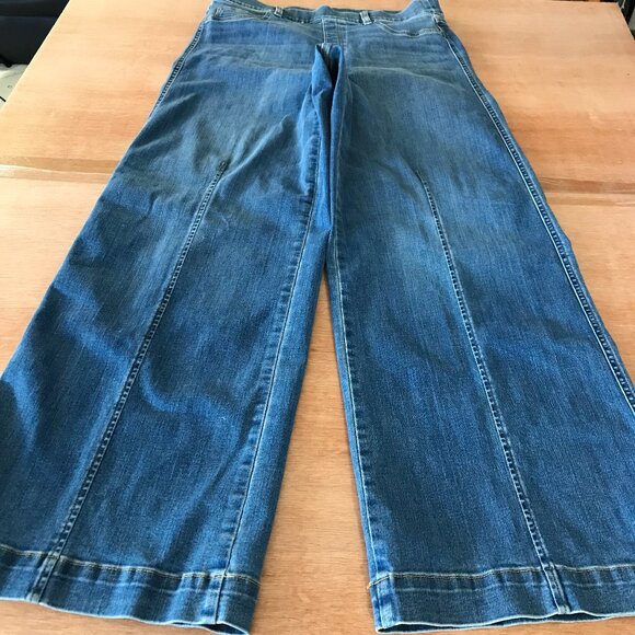 Spanx Seamed Front Wide Leg Jeans Women XL Blue High Rise Pull On Pocket Sculpt - Picture 1 of 14